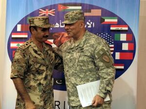Operations Chief-of-Staff of the Jordanian armed forces Awni al-Adwan and US Major General Robert G. Catalanotti (R) are seen during a joint press conference announcing details about "Exercise Eager Lion" in Amman on Sunday. AFP