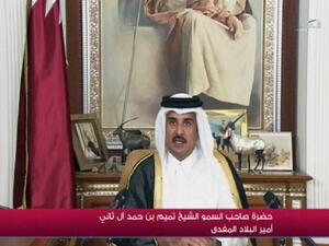 An image grab taken from Qatar TV shows the new Emir of Qatar, 33-year-old Sheikh Tamim bin Hamad Al Thani, delivering his first televised speech to the nation as Emir in Doha on Wednesday. Tamim's accession makes him the youngest sovereign of any of the Gulf Arab monarchies. AFP PHOTO / QATAR TV