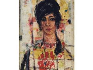 Fateh Moudaress, 'Lady with a Big Heart' (1962), oil and gold leaf-on-panel, 61 x 41cm. (Image courtesy of Christie's).