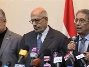 Egyptian politicians Hamdeen Sabahy (L), Mohamed ElBaradei (C) and Amr Moussa (R) speaking at the opposition alliance’s conference. (Al Arabiya)