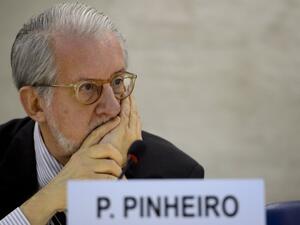 The head of the United Nations Independent Commission of Inquiry on Syria, Paulo Sergio Pinheiro shortly before delivering a report to the UN Human Rights Council Geneva. AFP Photo