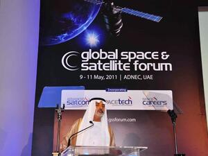 Prof. Abdul Rahim Sabouni, Vice Chancellor and CEO of ALHOSN University, addressing the audience at the 2011 Global Space and Satellite Forum