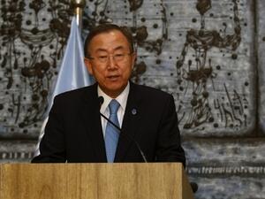 United Nations secretary general Ban Ki-Moon speaks during a joint press conference in Jerusalem on August 16, 2013.(AFP)