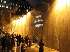 he wall deliberately obscures the facade of the historic St. James’ Church and is part of the “Bethlehem Unwrapped” festival. (Photo courtesy: Bethlehem Unwrapped)