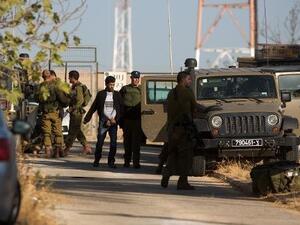 جنود اسرائيليون يقتادون فلسطيني في مستوطنة بروش في غورد الاردن في 11 تشرين الاول/اكتوبر 2013
