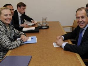 كلينتون ولافروف خلال لقاء في الامم المتحدة