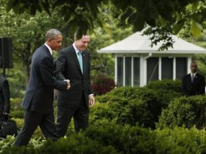 الرئيس الامريكي باراك اوباما يرحب برئيس الوزراء التركي طيب اردوغان