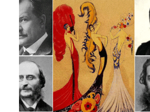 Franz Lehar (top left), Jacques Offenbach (bottom left), Louis Varney (top right), Johann Strauss II (bottom right).