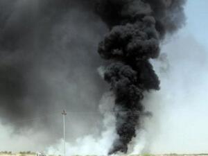 A column of black smoke billows from an oil pipeline about six kilometres (four miles) east of Marib in the eastern Yemeni province of the same name, after it was blown up by Yemeni tribesmen on June 12, 2010. Oil flow from a key Yemeni pipeline came to a halt on Thursday after tribesmen carried out a fresh attack on it, tribal sources and industry officials said.