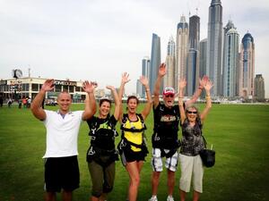 Dick Corbit with his family in Dubai at SkyDive Dubai. 