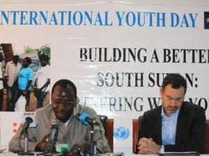 South Sudan’s youth and sports minister, Cirino Hiteng (L) and Toby Lanzer, the new UN Humanitarian Coordinator for South Sudan.