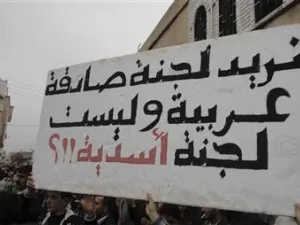 متظاهرون يرفعون لافتة تندد بلجنة المراقبين التابعة للجامعة العربية في بلدة تلبيسة 
