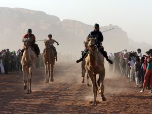 Jordan is quite organically linked to Arabia with many Hashemites tracing quite newly back to tribes in Saudi. Here, a camel race in Wadi Rum.