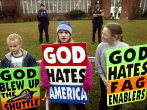 Westboro Baptist  members are bringing their children to protest at a funeral for slain children.