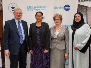 نايجل كريسب، رئيس مجموعة الأبحاث بمؤتمر ويش وإليزابيث إيرو، رئيس قسم التمريض في منظمة الصحة العالمية، وأنيت كينيدي، رئيس المجلس العالمي للممرضات، وسلطانة أفضل، الرئيس التنفيذي لمبادرة "ويش".