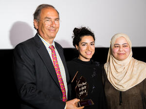 Image Nation CEO Michael Garin, Amena Al Nowais and focus of her film, Omnia. (Seven Media)