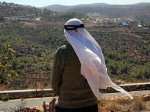 A Palestinian farmer watches over his olive trees, flanked by Israeli settlements in the occupied West Bank on October  28, 2014. (AFP/Abbas Momani)