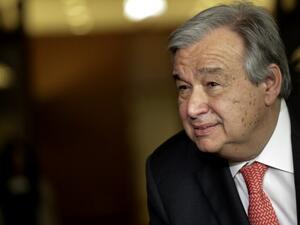 This file photo taken on April 12, 2016 shows Antonio Guterres speaking to reporters on the selection of the next UN Secretary-General at the UN headquarters in New York. (AFP/Kena Betancur)