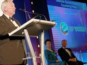 Sir John Parker, Joint Vice Chairman, DP World, delivers his speech, in the presence of HRH Princess Anne and IMO Secretary-General, Efthimios Mitropolous