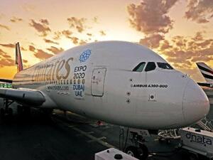 Emirates A380 at sunset