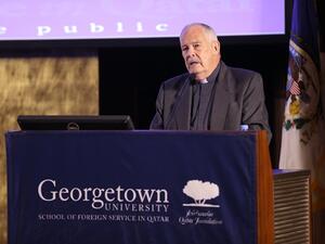 GU-Q’s professor of religious studies, Fr. Tom Michel, S.J. during the lecture