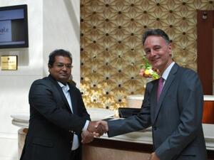 Capt. Sumith Kalwila who is the first to experience the new Ramada Jumeirah Hotel services with Alain Rigazzi, The Hotel General Manager