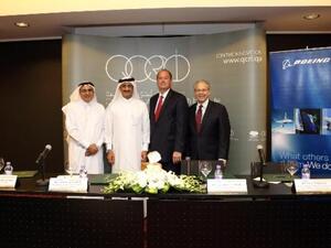 Dr Ahmed Elmagarmid of QCRI, Mr. Faisal Alsuwaidi of QF, Mr. Jeffrey Johnson of Boeing and Mr. Paul Pasquier of Boeing