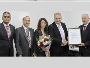 Michael John Adams, Vice President MRO Operations; Bernhard Randerath, Vice President Design, Engineering and Innovation; Dilek Senay Yazici, Senior Manager Airworthiness Monitoring; Ahmad Rajei, Senior Manager Design Engineering; and Shevantha Kamil Weerasekera, Head of Engineering Technical Services with the EASA Part21J Major Design Organisation Approval Certificate issued by EASA to Etihad Airways Engineering