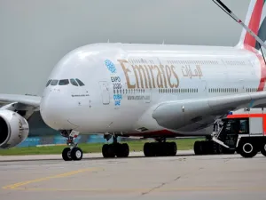 استقبال طائرة الإمارات الإيرباص A380 في مطار فرانكفورت الدولي.
