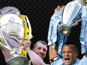 الاتحاد للطيران تحقق نصرًا مضاعفًا في بطولة أفيفا والدوري الانجليزي الممتاز للعام 2011/12: كريس روبشو كابتن فريق الهارليكينز يحمل كأس بطولة أفيفا، وفنسنت كومباني، كابتن فريق مانشستر سيتي، يحمل كأس الدوري الإنجليزي الممتاز
