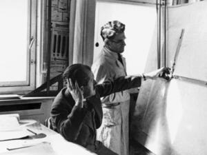 Ferdinand Porsche and engine specialist Josef Kales, 1937, in the Porsche Engineering office in Stuttgart