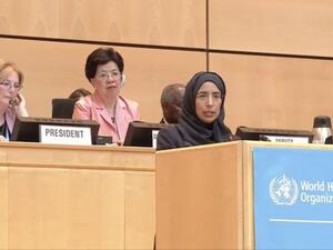 سعادة الدكتورة حنان محمد الكواري، وزير الصحة العامة خلال ترؤسها اجتماعات اللجنة "أ" بجمعية الصحة العالمية والتي عقدت مؤخراً في جنيف.