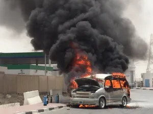 السيارة خلال احتراقها بعد إخراجها من المحطة