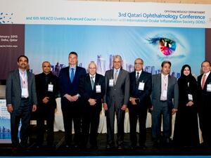 Dr. Maha Elshafei, Chairperson of the Board, and Senior Consultant Ophthalmologist, Vitreoretina at HMC's Ophthalmology Department speaking at the conference held in La Cigale