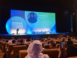 سلطانة أفضل، الرئيس التنفيذي لمؤتمر القمة العالمي للابتكار في الرعاية الصحية "ويش"، ملقية الكلمة الختامية في حفل اختتام قمة ويش 2018.