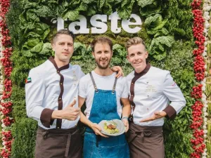 Taste the World winning chef Dean Parker from The Manor restaurant (middle) with Etihad airways Inflight Chefs Enrico Nanchioli (left) and Jeremy McPherson (right).