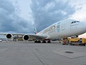 إحدى طائرات الإمارات الإيرباص A380 تهيط للمرة الأولى في مطار فيينا الدولي في مايو 2014، حيث قامت حينها برحلة لمرة واحدة إلى العاصمة النمساوية
