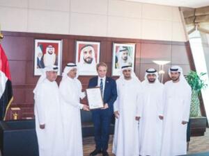 During the handing over of certificate to Robert Bosch Middle East at the office of UAE Economy Minister Sultan Bin Saeed Al Mansoori. (SG)