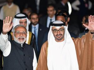 Sheikh Mohamed bin Zayed Al Nahyan, Crown Prince of Abu Dhabi with Narendra Modi, Prime Minister of India. (AFP)