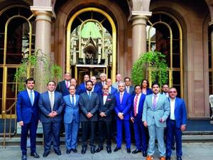 Rashid bin Ali Al Mansoori, CEO of Qatar Stock Exchange (front row-fourth left); Joseph Abraham, CEO, Commercial Bank (front row-third left); Dr R. Seetharaman, CEO, Doha Bank (front row-fifth left) and other offficials on the sidelines of New York roadshow. (The Peninsula)
