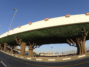 The pillars of the bridge leading to the East Crescent on Palm Jumeirah are decorated to look like tree trunks. (Twitter)