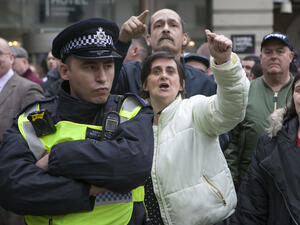 Far-right demonstration in London, UK ,01 Apr 2017 Britain First supporter. EDL and Britain First both hold demonstrations in London, opposed by anti-fascist groups including Unite Against Fascism . 