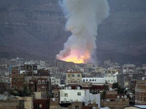 Smoke billows following an air-strike by Saudi-led coalition on May 11, 2015, in the capital Sanaa.(AFP/Mohammed Huwais)