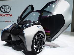A Toyota i-TRIL electric concept car is displayed at Toyota's stand during the first press day of the International Motor Show in Geneva on March 7, 2017. (AFP)