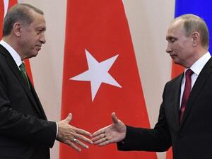 Turkish President Recep Tayyip Erdogan (L) "hesitantly" shakes hands with his Russian counterpart Vladimir Putin after a joint press conference following their meeting at the Bocharov Ruchei state residence in Sochi on May 3, 2017. (AFP/ Alexander Nemenov)