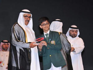 Aaditya Singh receiving the Sheikh Hamdan Award for academic excellence. (Twitter/Khaleej Times)