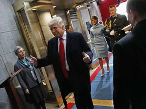US President Donald Trump leaves after being sworn in followed by first lady Melania Trump on the West Front of the US Capitol during his inauguration ceremony, in Washington, DC, on January 20, 2017. (AFP/Win McNamee)