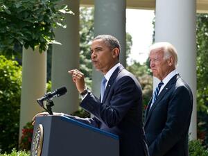 UNITED STATES, Washington : US President Barack Obama, with US Vice President Joe Biden, speaks on Syria in the Rose Garden at the White House in Washington on August 31, 2013. AFP PHOTO/Nicholas KAMM