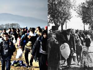 Left: Refugees are being escorted by police to buses in Slovenia. Right: Polish immigrants are expelled from their homes following the German invasion in 1939. (Getty/Wikimedia Commons)