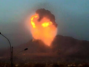 Powerful explosions shook Sanaa on Monday after airstrikes from the Saudi-led coalition struck a rebel arms depot. (Twitter)